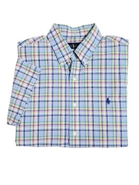 Polo Ralph Lauren Mens Classic Fit Short Sleeve Oxford Shirt Blue Plaid Large
